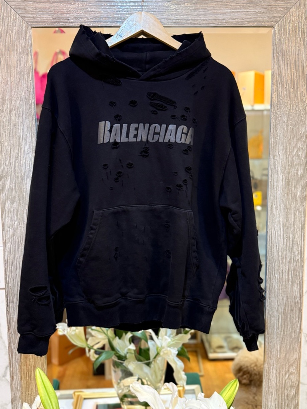 Balenciaga Black Distressed Logo Crewneck Hoodie